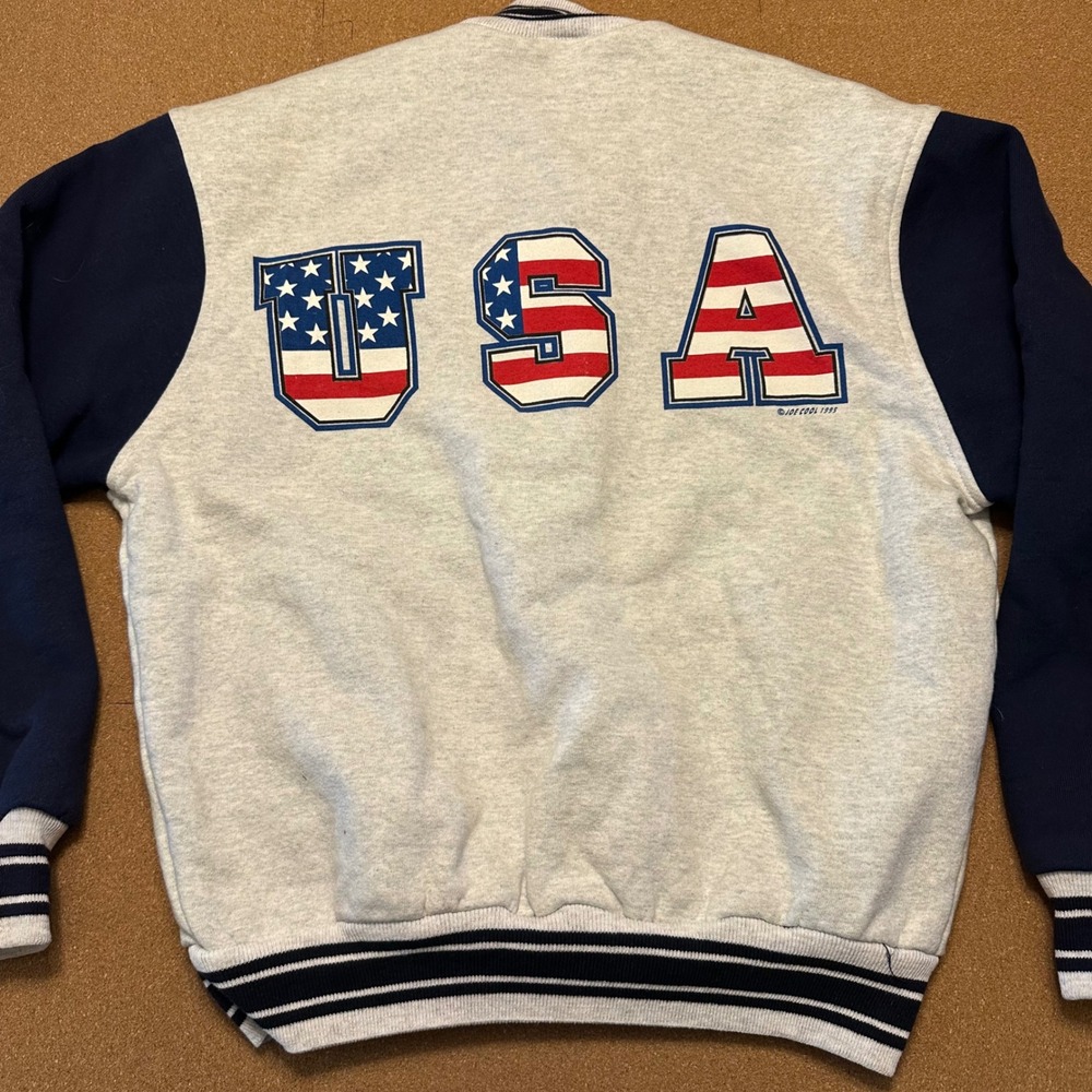 Fruit of the Loom USA Varsity Jacket Adult M Gray Navy Supercotton Bomber VTG - Picture 3 of 9